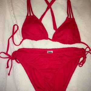 Red lace two piece swimsuit